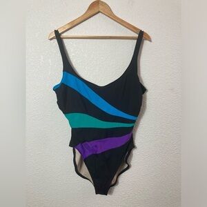 Slimsuit vintage 90s one piece swim suit multi colored stripes size 18